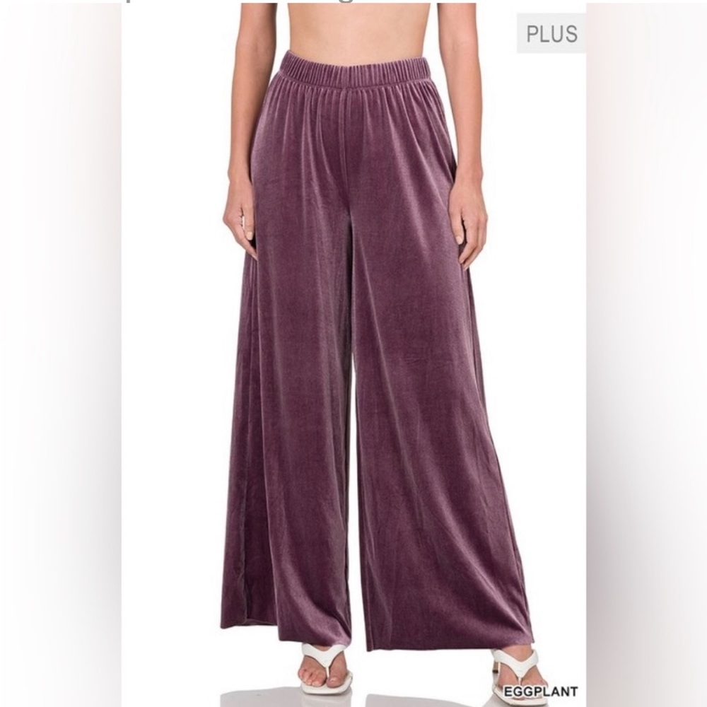 1X Plus Size Eggplant Palazzo Long Gaucho Pants Bottoms - Picture 2 of 3